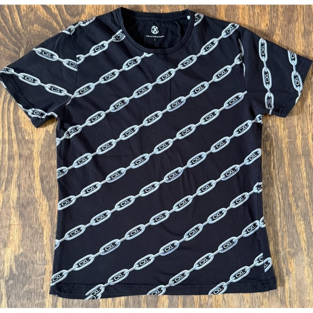 CXL by Christian Lacroix Chain Print T-Shirt Large Black All Over Graphic Tee
